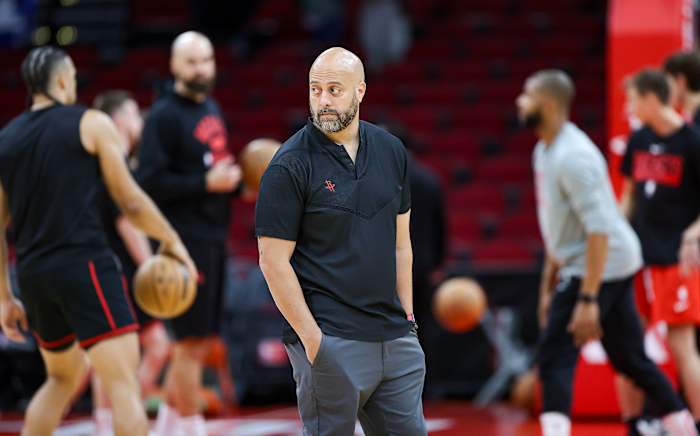 Rockets general manager Rafael Stone watches during practice before the game against the Golden State Warriors at Toyota Center.